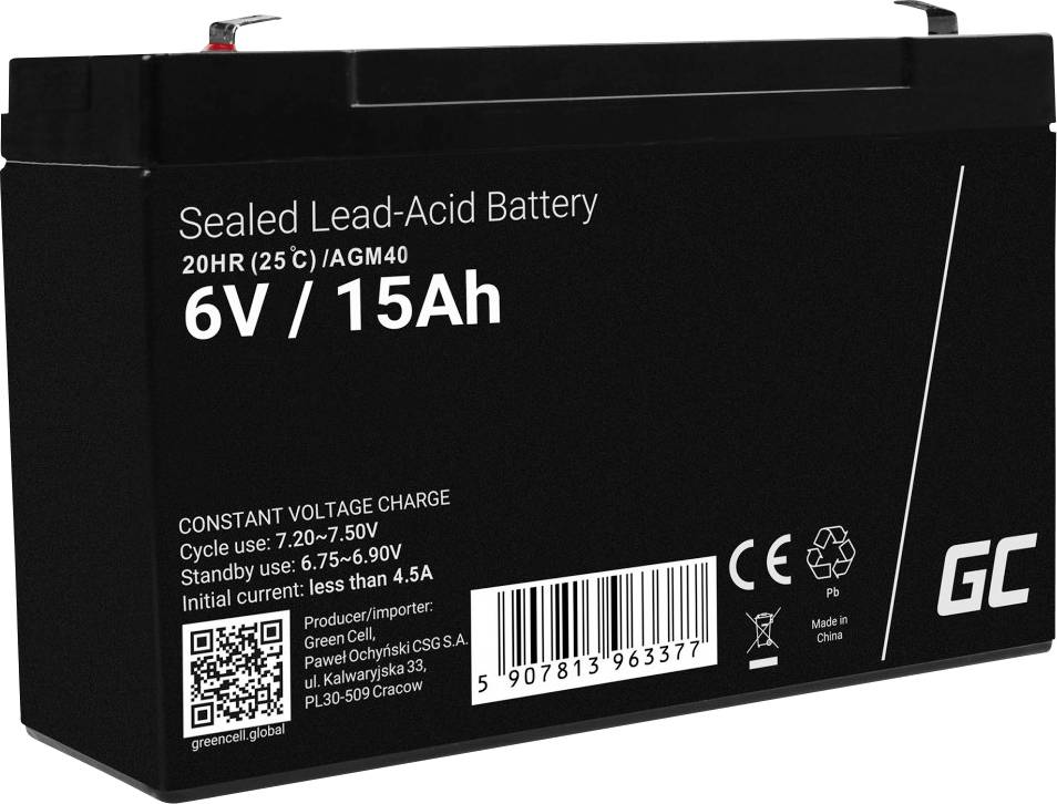 'Sealed Lead-Acid Battery', 6V, 15Ah, für konstante Spannungsladung, mit QR-Code und Herstellerdaten auf der Vorderseite.