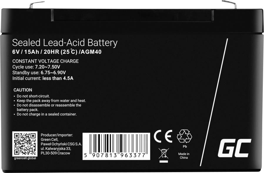 Green Cell AGM40 Bleiakku 6V 15Ah Blei-Vlies (AGM) (B x H x T) 151 x 100 x 94mm Flachstecker 6.35mm Zyklenfest, Wartungsfrei