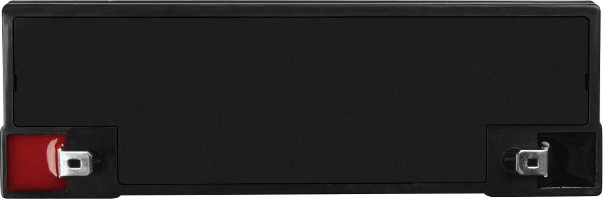 Schwarze rechteckige Batterie mit zwei Anschlüssen an den Seiten, der rechte Anschluss ist rot markiert.