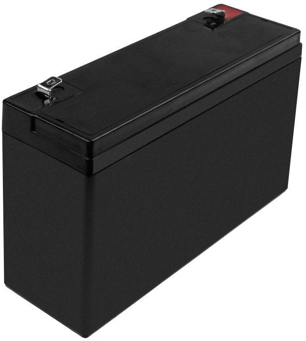 Schwarze rechteckige Batterie mit zwei Anschlüssen oben, ein roter und ein schwarzer. Geeignet für elektronische Geräte oder als Ersatzteil.