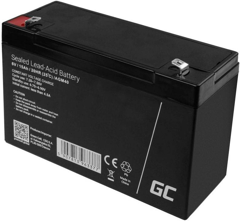 Schwarze verschlossene Blei-Säure-Batterie, 6V, 15Ah, mit Sicherheits- und Ladehinweisen aufgedruckt. QR-Code unten links.