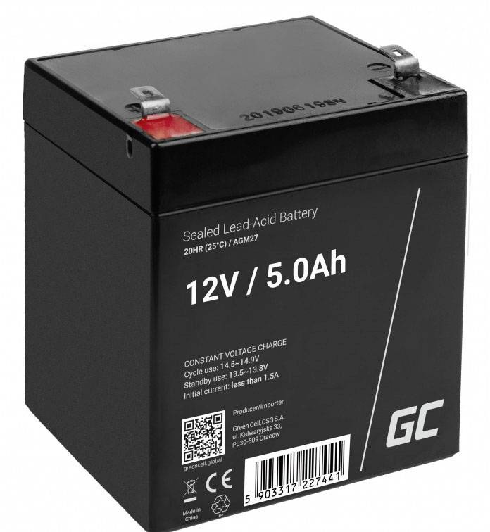 Schwarze, versiegelte Blei-Säure-Batterie mit 12V und 5.0Ah Kapazität. Beschriftung zeigt technische Details und QR-Code unten.