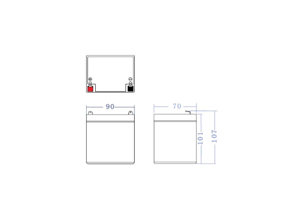 Zeichnung einer Batterie mit Abmessungen: Breite 90 mm, Tiefe 70 mm, Höhe 107 mm. Plus- und Minus-Anschlüsse oben markiert.