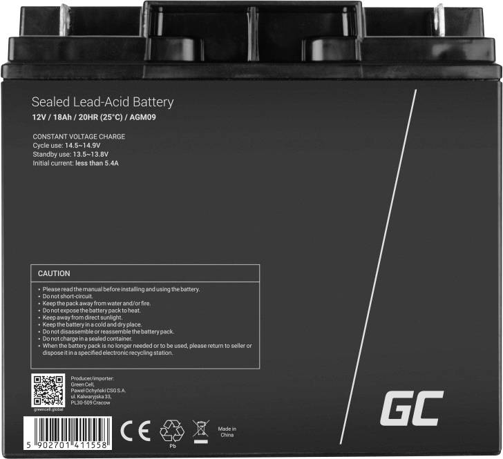 Green Cell AGM09 Bleiakku 12V 18Ah Blei-Gel (B x H x T) 181 x 167 x 77mm M5-Schraubanschluss Zyklenfest, Wartungsfrei