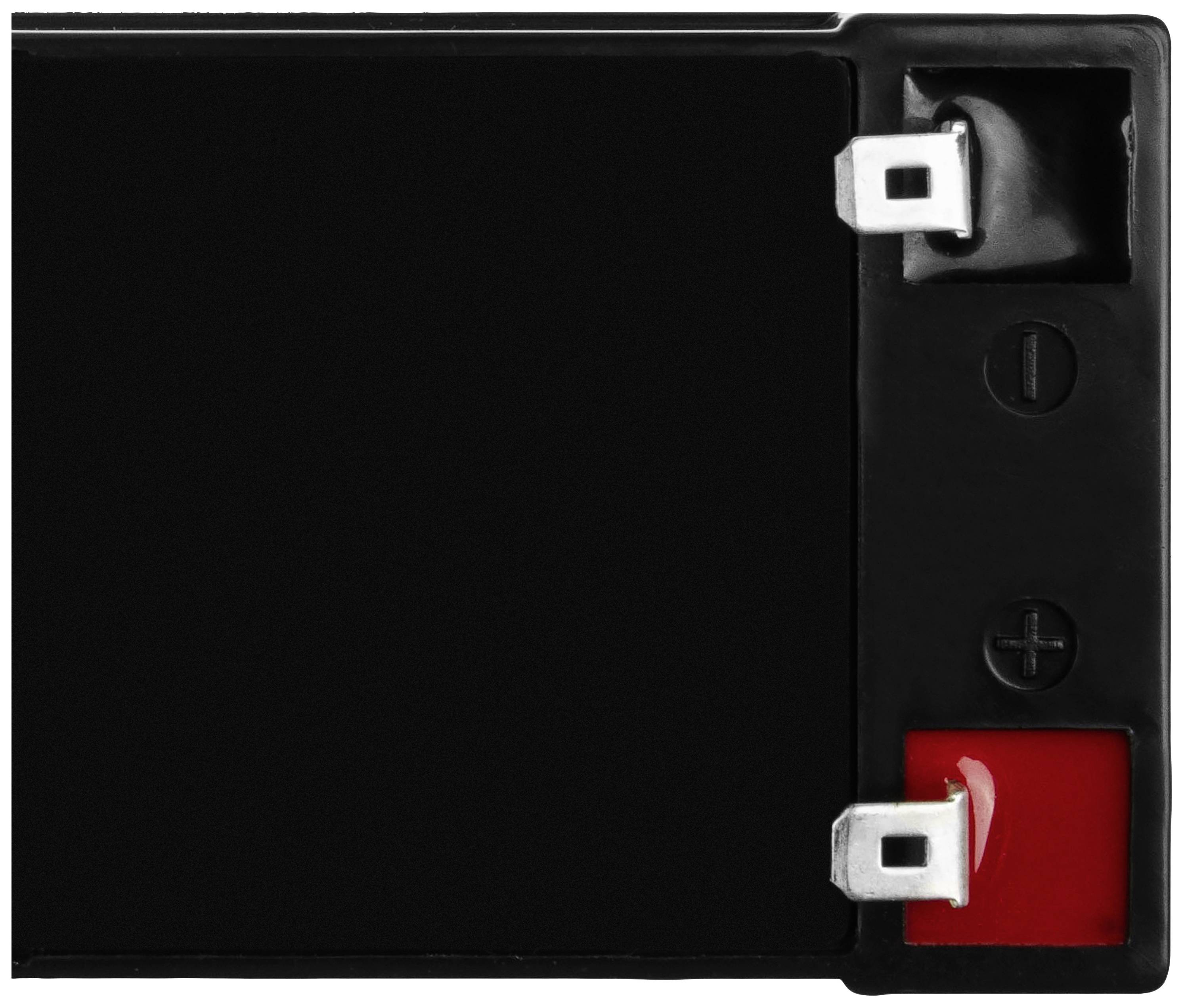 Schwarze Batterie mit zwei Anschlüssen oben rechts; rotes und schwarzes Anschlussfeld darunter.