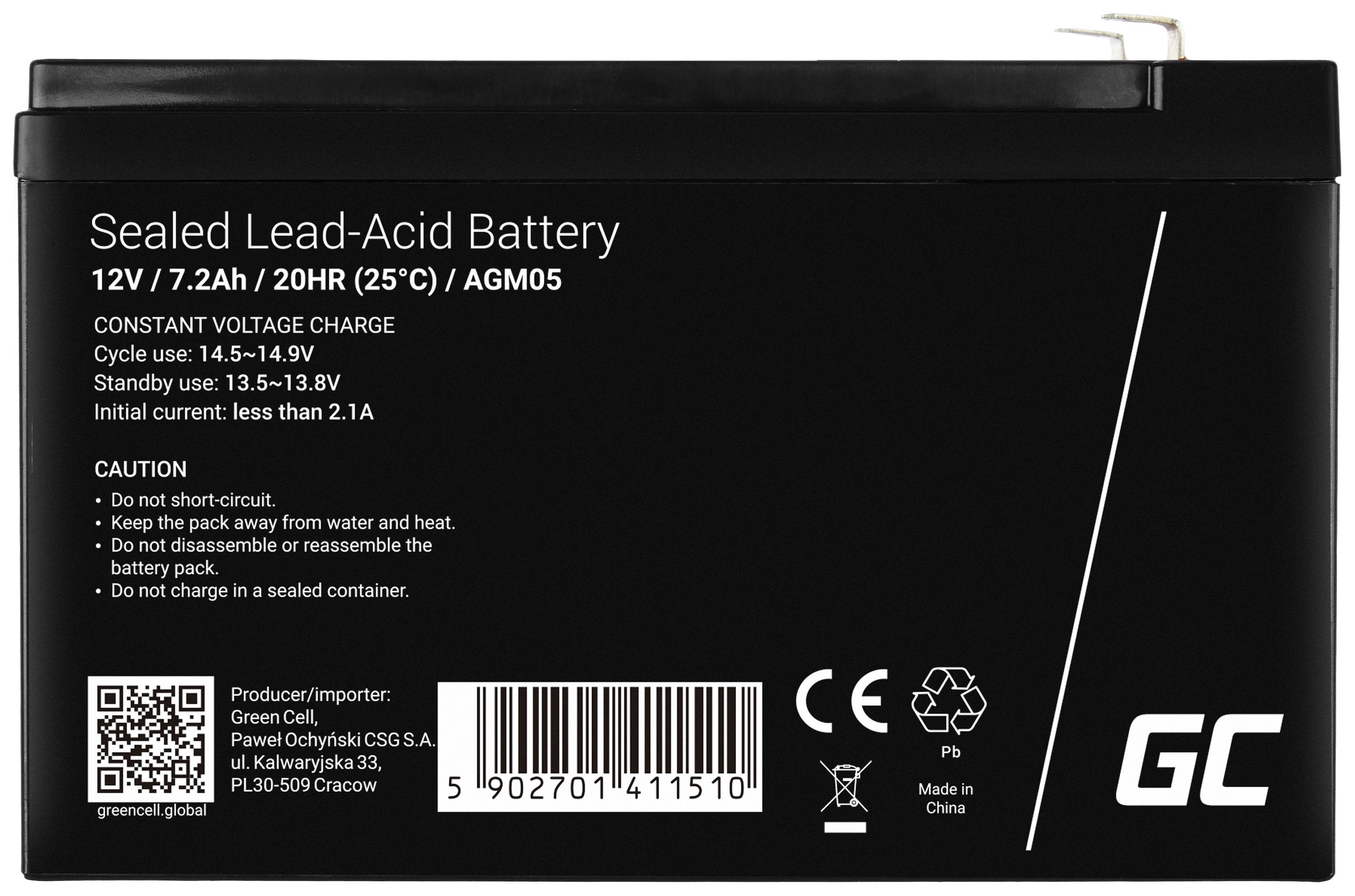 Schwarze versiegelte Bleisäurebatterie mit Aufdruck: 'Sealed Lead-Acid Battery' und technischen Spezifikationen zur Spannung und Kapazität.