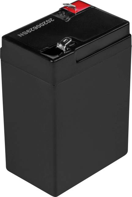Kompakte schwarze Batterie aufrecht stehend mit zwei Anschlüssen oben, eine in rotem Gehäuse.
