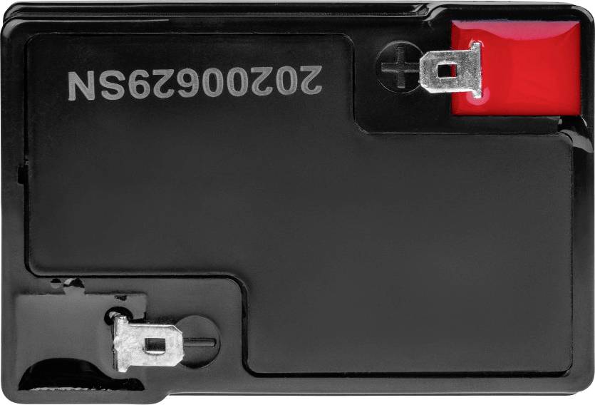 Eine rechteckige, schwarze Batterie von oben, mit positivem Terminal in rotem Kunststoffgehäuse und negativem Terminal ohne Abdeckung.