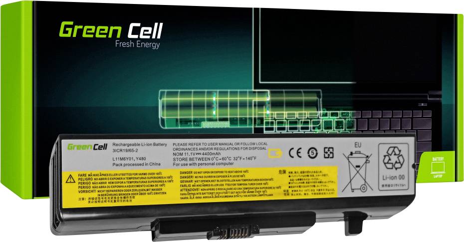 Grüne Verpackung und Laptop-Akku von Green Cell mit Text 'Fresh Energy'. Diagramm auf der Verpackung zeigt Batterie.