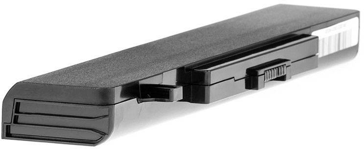 Ein Laptop-Akku in rechteckiger Form, schwarz, mit Kontakten und Barcode auf der Seite. Er ist für den Anschluss an ein Gerät vorgesehen.