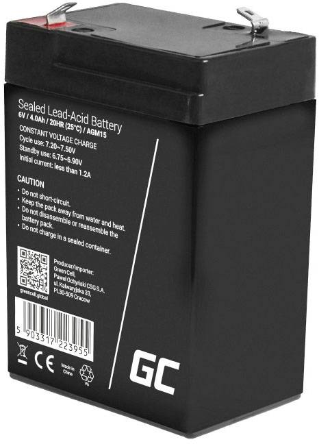Versiegelte Blei-Säure-Batterie, 6V, 4.0Ah, konstante Spannung. Nicht kurzschließen oder im geschlossenen Behälter laden. Weitere Spezifikationen und Warnhinweise auf der Batterie.