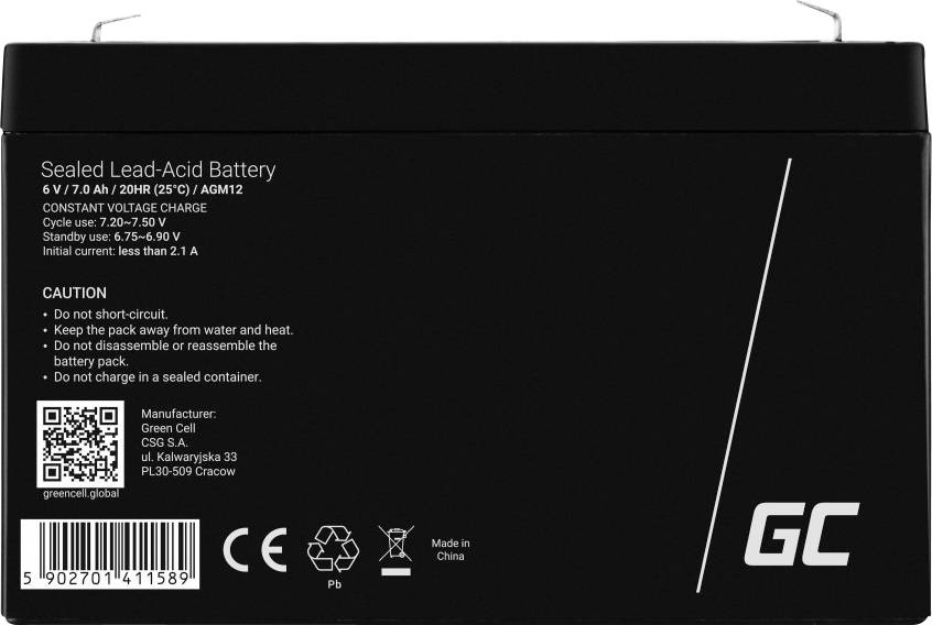 Green Cell AGM12 Bleiakku 6V 7Ah Blei-Gel (B x H x T) 151 x 100 x 35mm Flachstecker 4.8mm Zyklenfest, Wartungsfrei