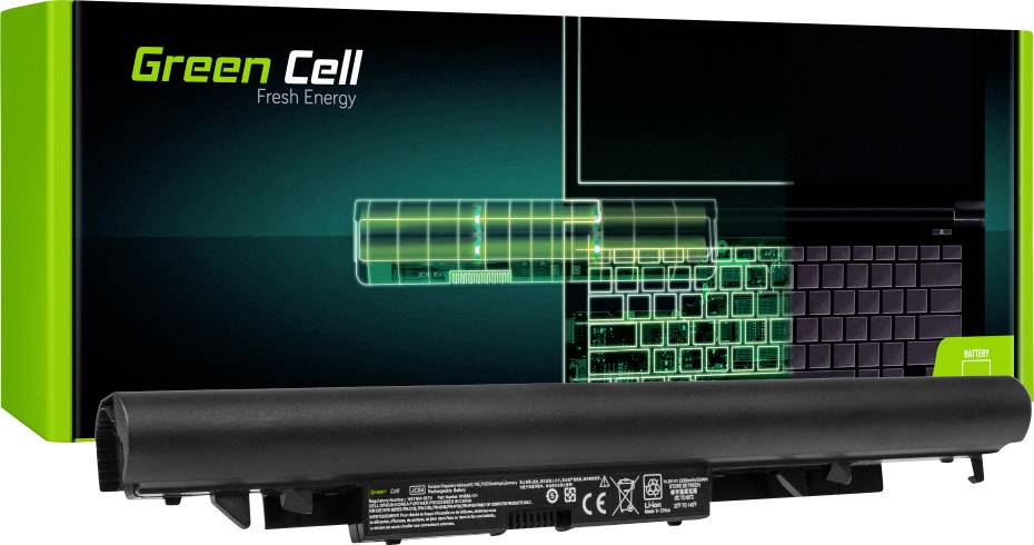 'Akkupack für Laptops' von Green Cell vor Verpackung, die ein Bild eines geöffneten Laptops mit hervorgehobenem Akku zeigt.
