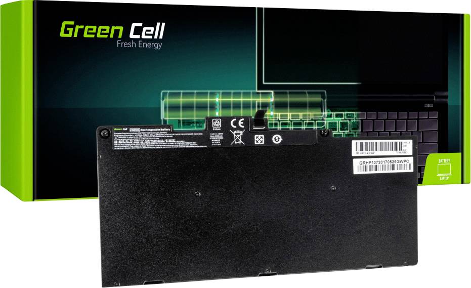 'Green Cell Fresh Energy'-Batterie für Laptops. Schwarzes Rechteck mit Produktaufklebern. Verpackung im Hintergrund zeigt Batteriedesign.