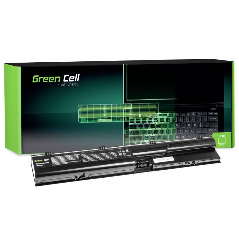Laptop-Akku der Marke 'Green Cell' vor seiner Verpackung, die ein stilisiertes Bild eines Laptops zeigt.