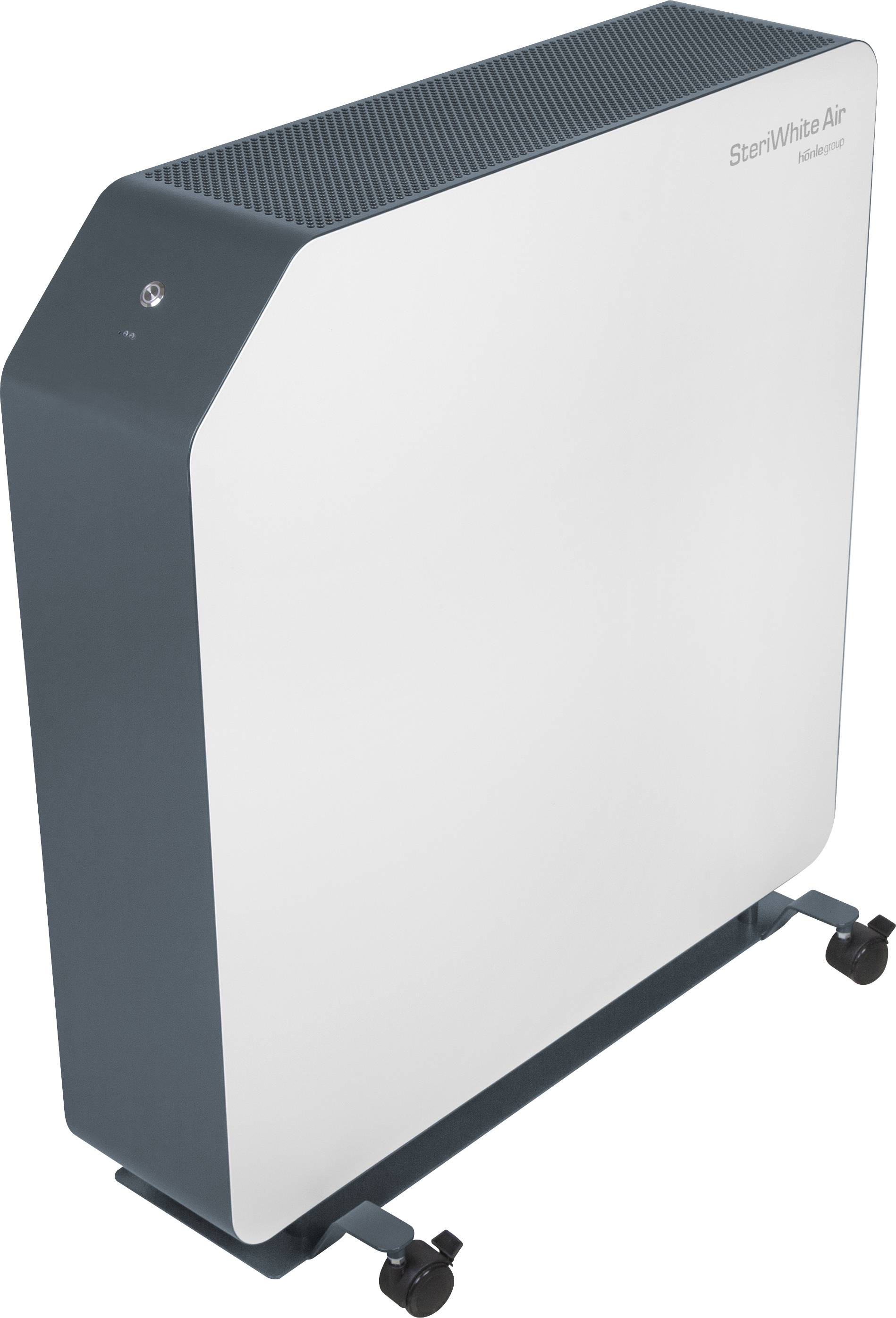 Luftreiniger mit modernem Design, rechteckig und auf Rollen. Hauptsächlich weiß mit grauer Seite. Markenname 'SterWhite Air' oben rechts.