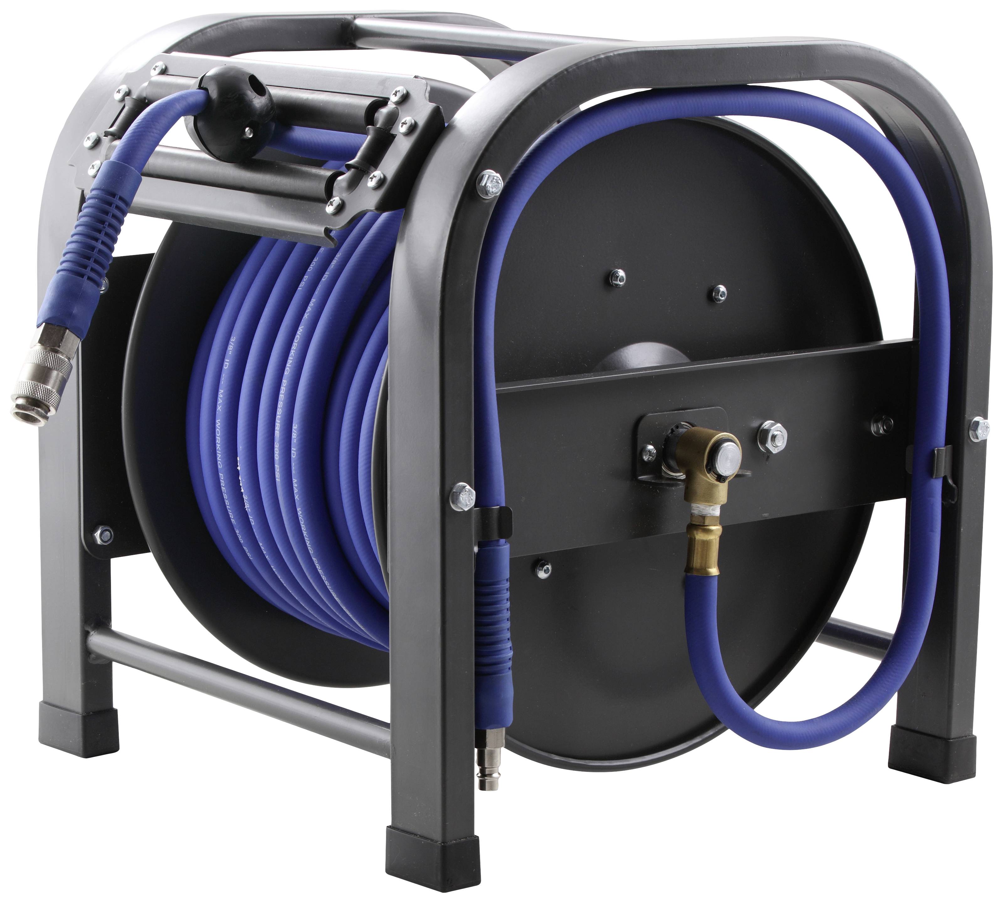 Ein schwarzer Schlauchaufroller mit Metallrahmen, darauf aufgerollt ein blauer Schlauch, sichtbar sind Anschlüsse oben und unten.