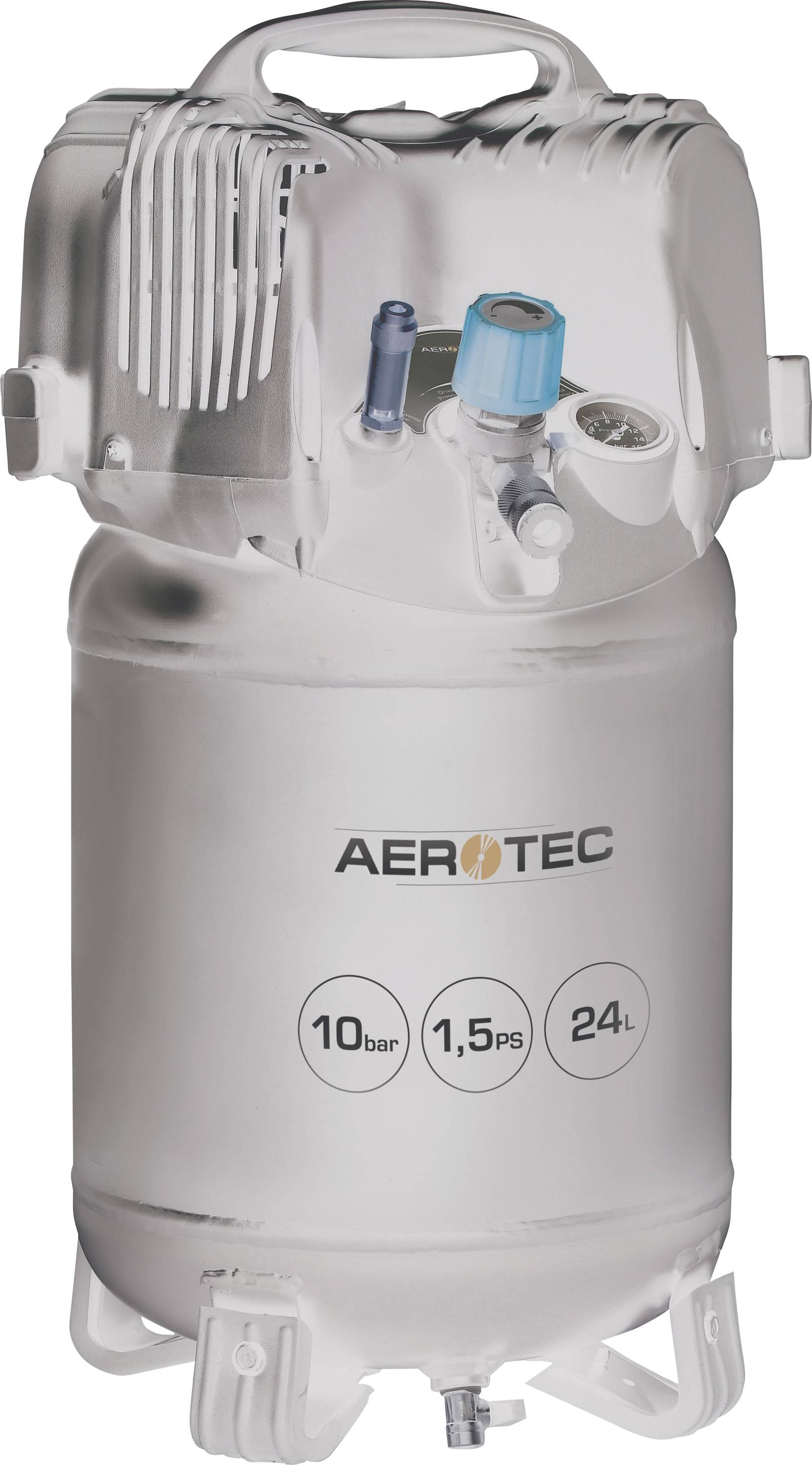 Ein vertikaler Kompressor von 'Aerotec' mit 24 Liter Tank, bis zu 10 Bar Druck. Ausgestattet mit Tragegriff und Manometer.