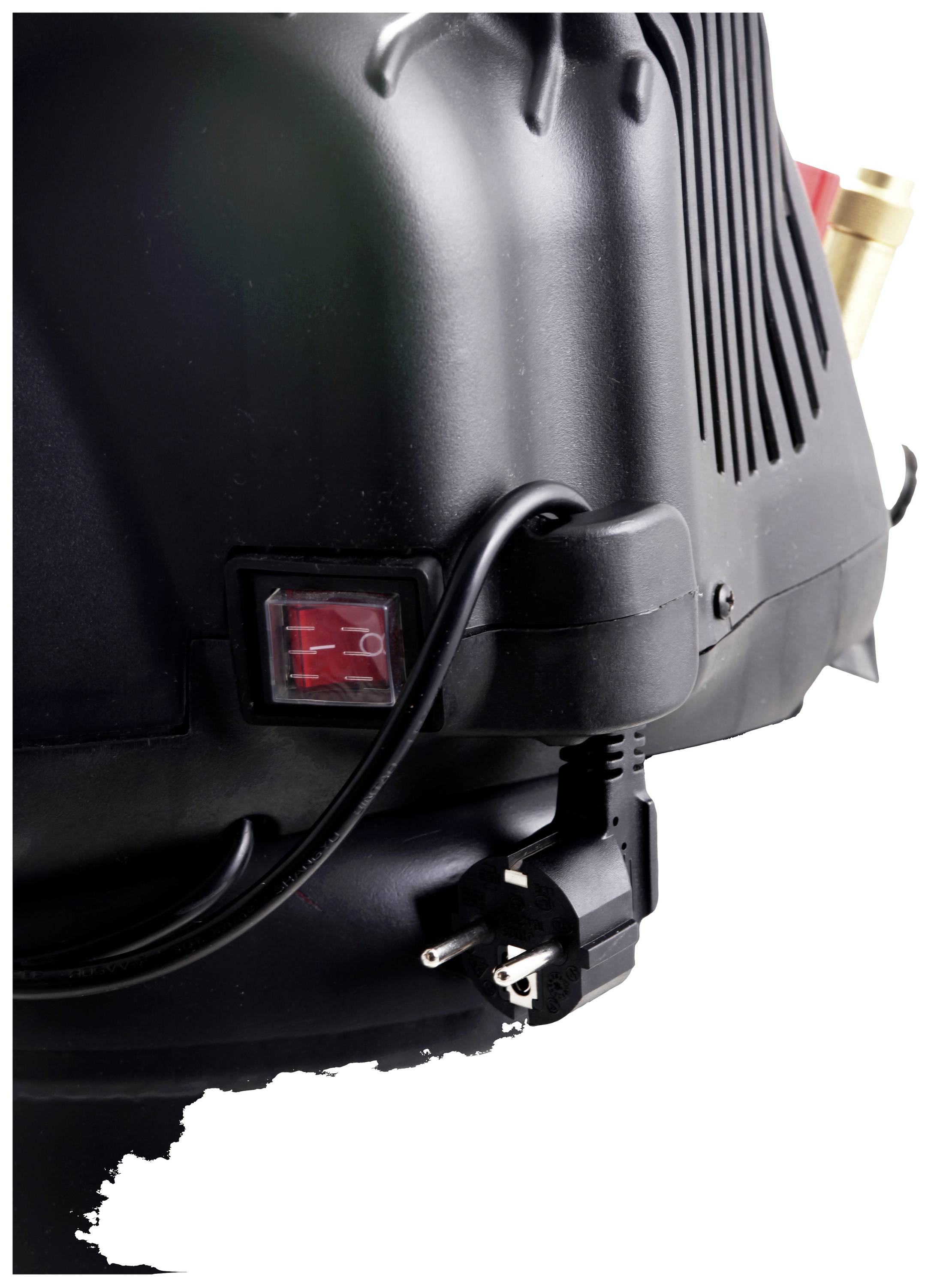 Nahaufnahme eines elektrischen Geräts mit einem roten Kippschalter und einem herausragenden EU-Stecker; Fokus auf Bedienelemente.