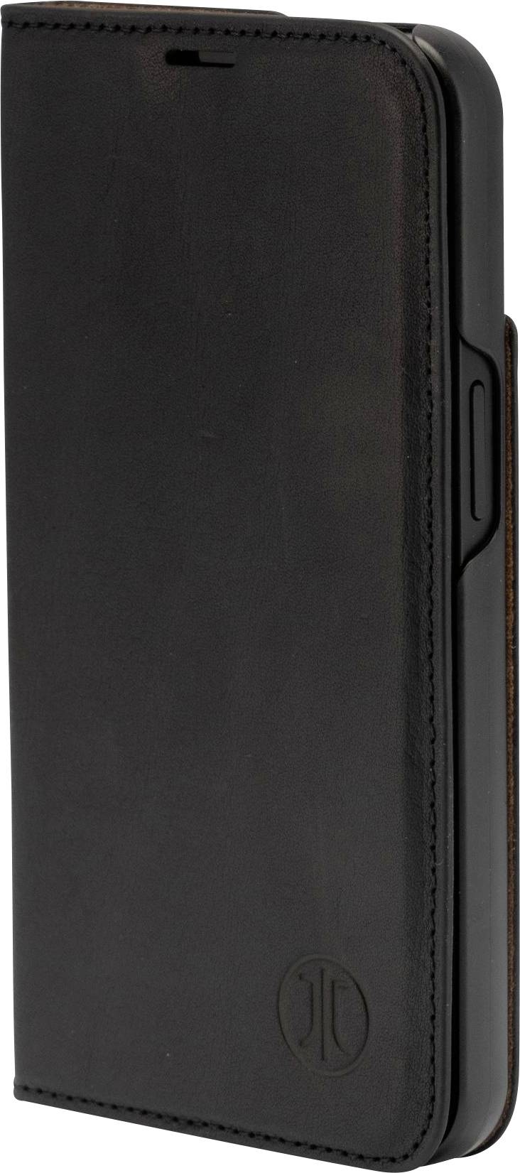 Ein schlichtes, schwarzes Smartphone-Etui aus Leder, geschlossen. Minimalistisches Design mit Logo-Prägung unten rechts.
