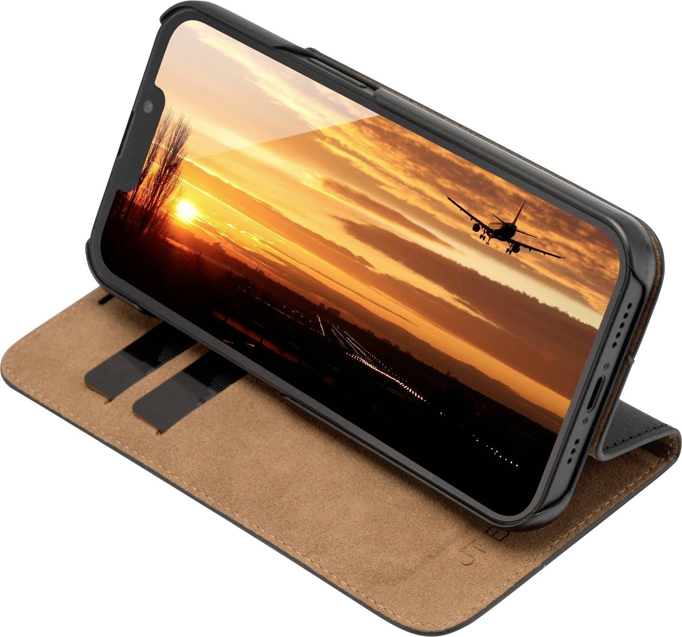 Smartphone in brauner Hülle, zeigt Sonnenuntergang mit Landebahn und Flugzeug im Landeanflug.