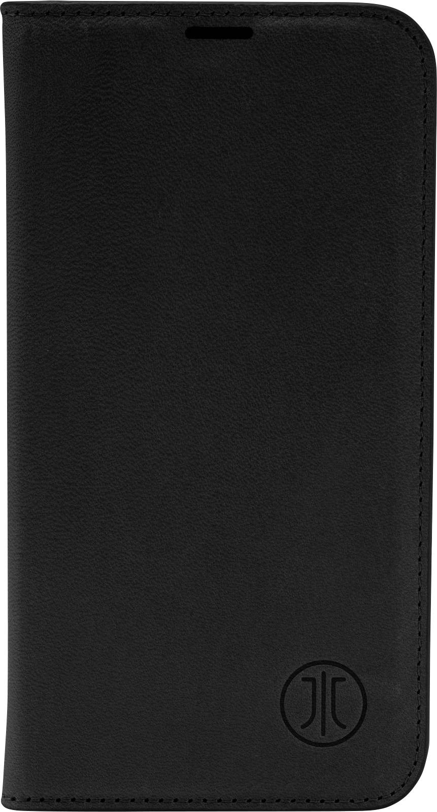 Schwarzes Smartphone-Etui aus Leder mit einem geprägten Logo in der unteren rechten Ecke, geschlossen.