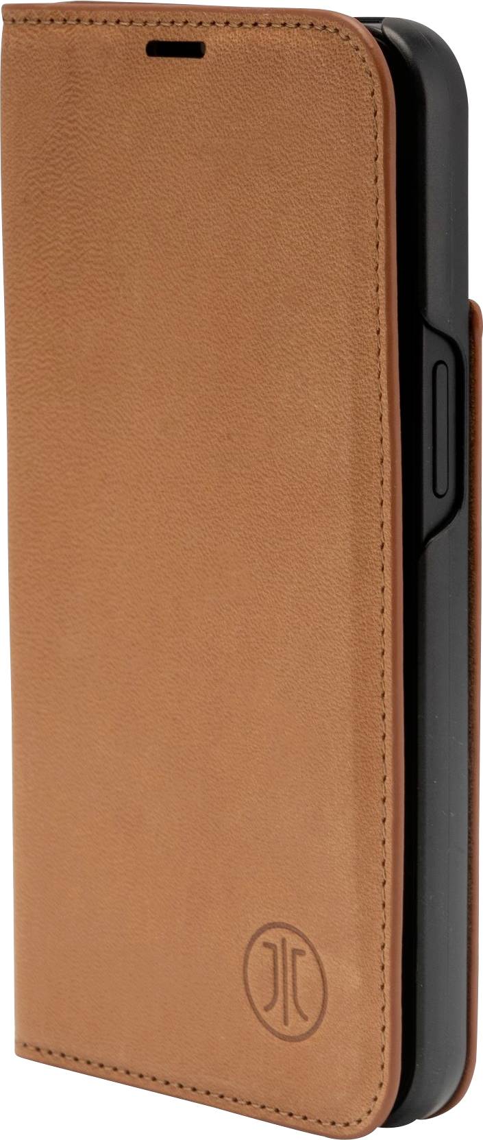 Braunes Leder-Handyetui mit Schnappverschluss, geschlossen. Links unten Logo eingeprägt, schlichtes Design für stilvollen Schutz.