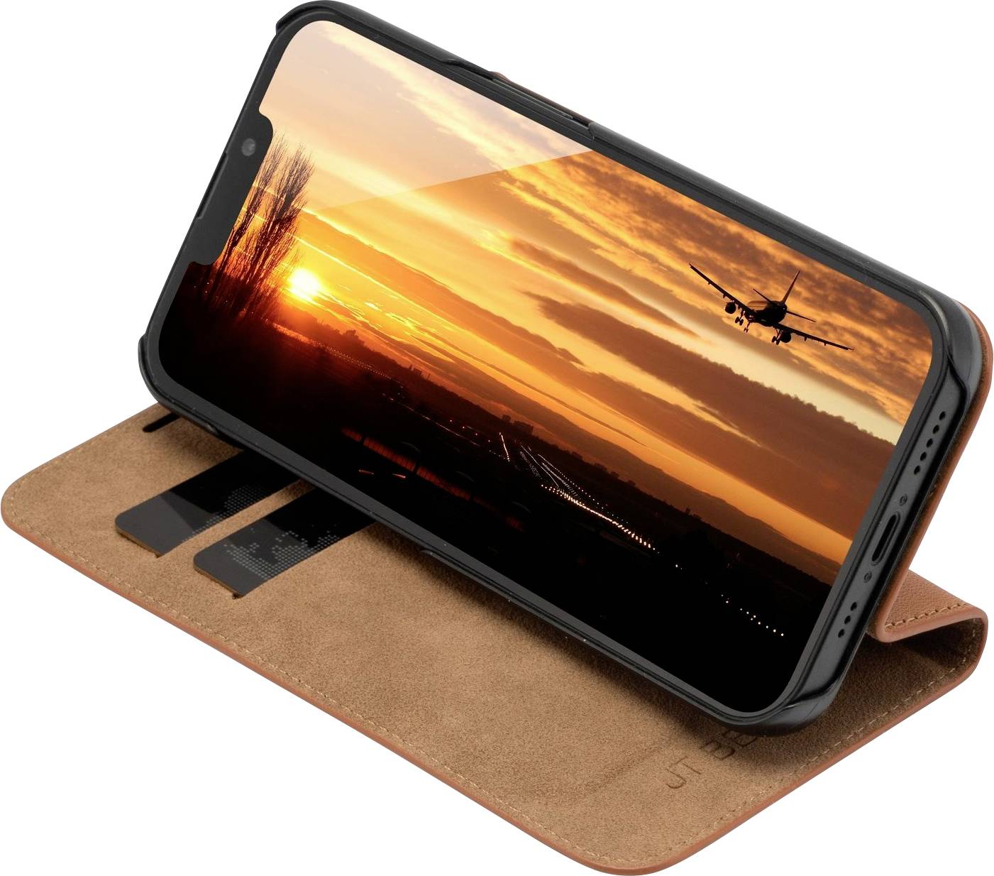 Smartphone in brauner Hülle zeigt ein Sonnenuntergangsbild mit startendem Flugzeug, symbolisiert Reisen oder Multimedia-Nutzung.