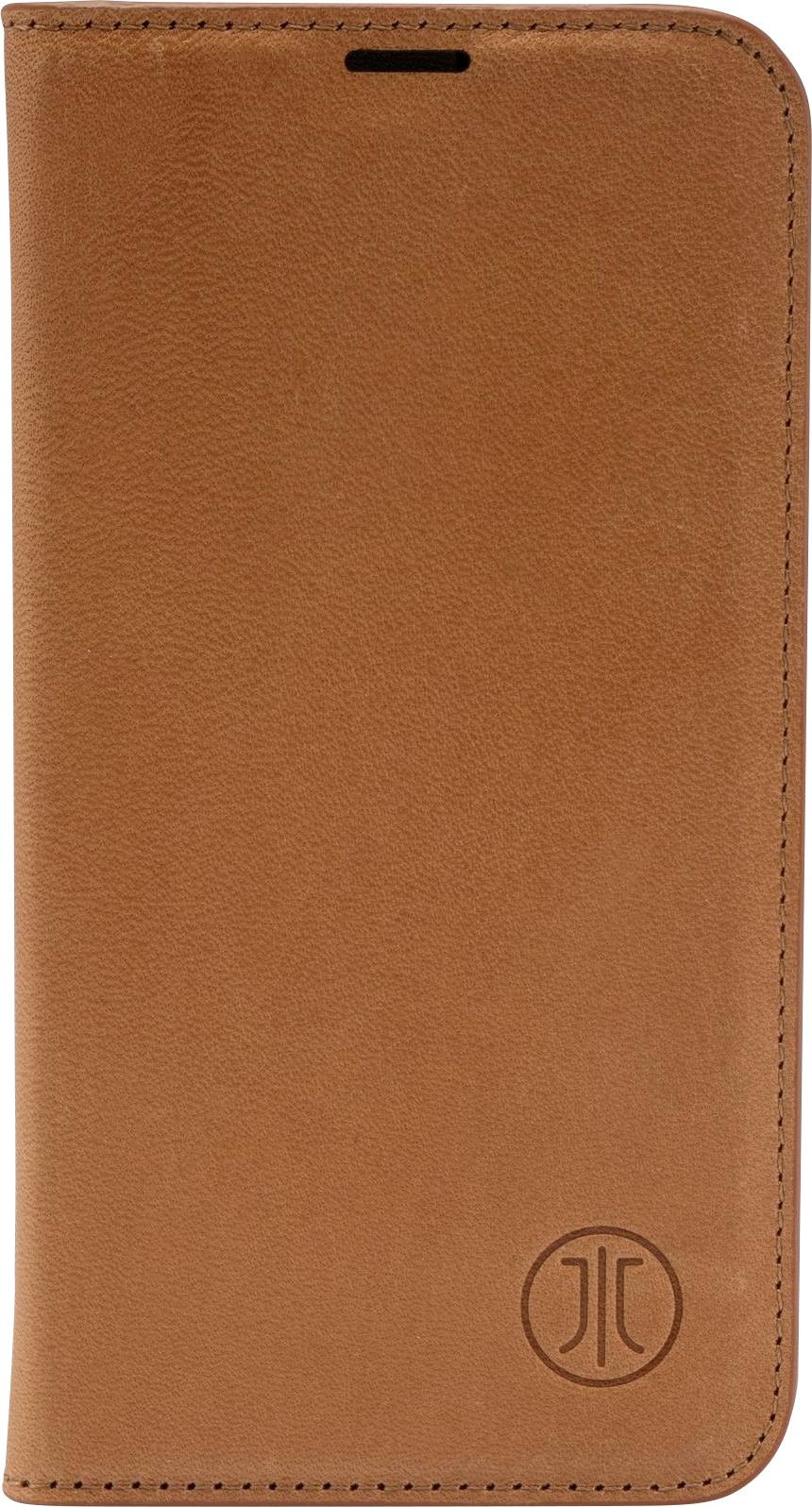 Braune Lederhandyhülle mit geprägtem Logo unten rechts.