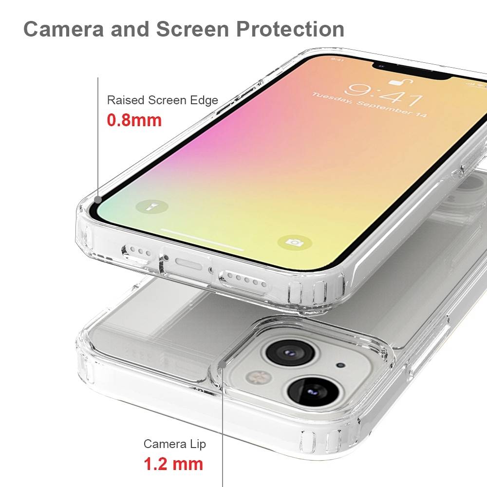 Ein transparentes Smartphone-Case mit erhöhtem Kamerarand (1,2 mm) und Bildschirmkante (0,8 mm) für verbesserten Schutz.