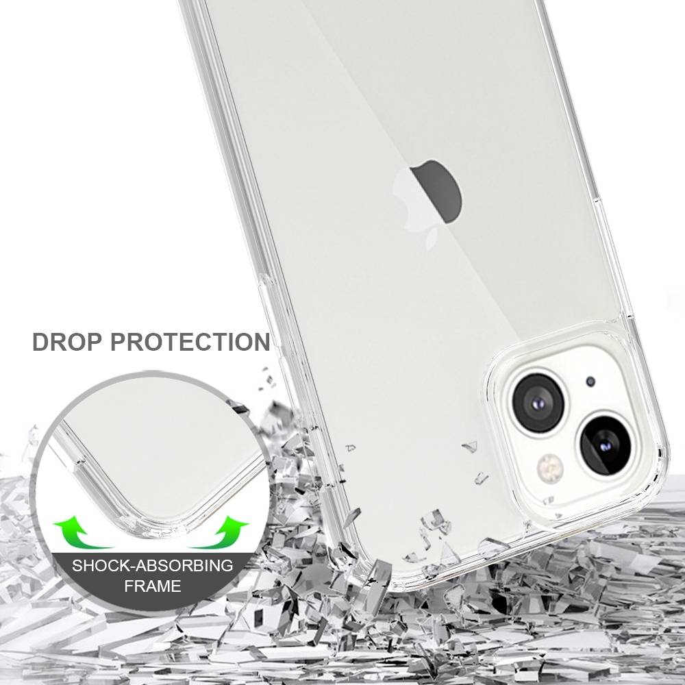 iPhone mit klarer Hülle, zeigt stoßabsorbierenden Rahmen und zerbrochenes Glas symbolisch für Schutz vor Stürzen und Stößen.