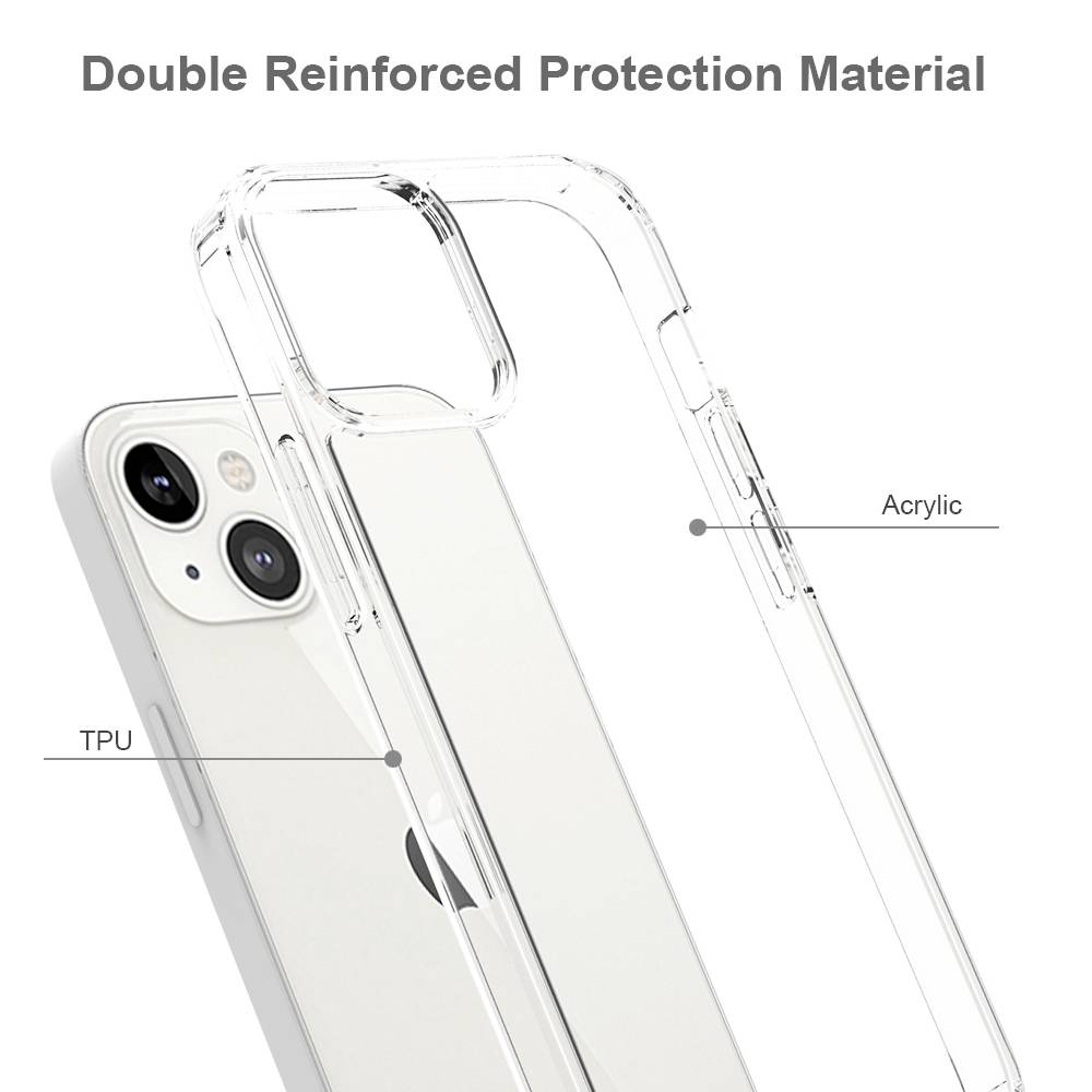 Transparente Handyhülle aus doppelt verstärktem Schutzmaterial für iPhone mit Hinweise auf TPU- und Acrylbestandteile.
