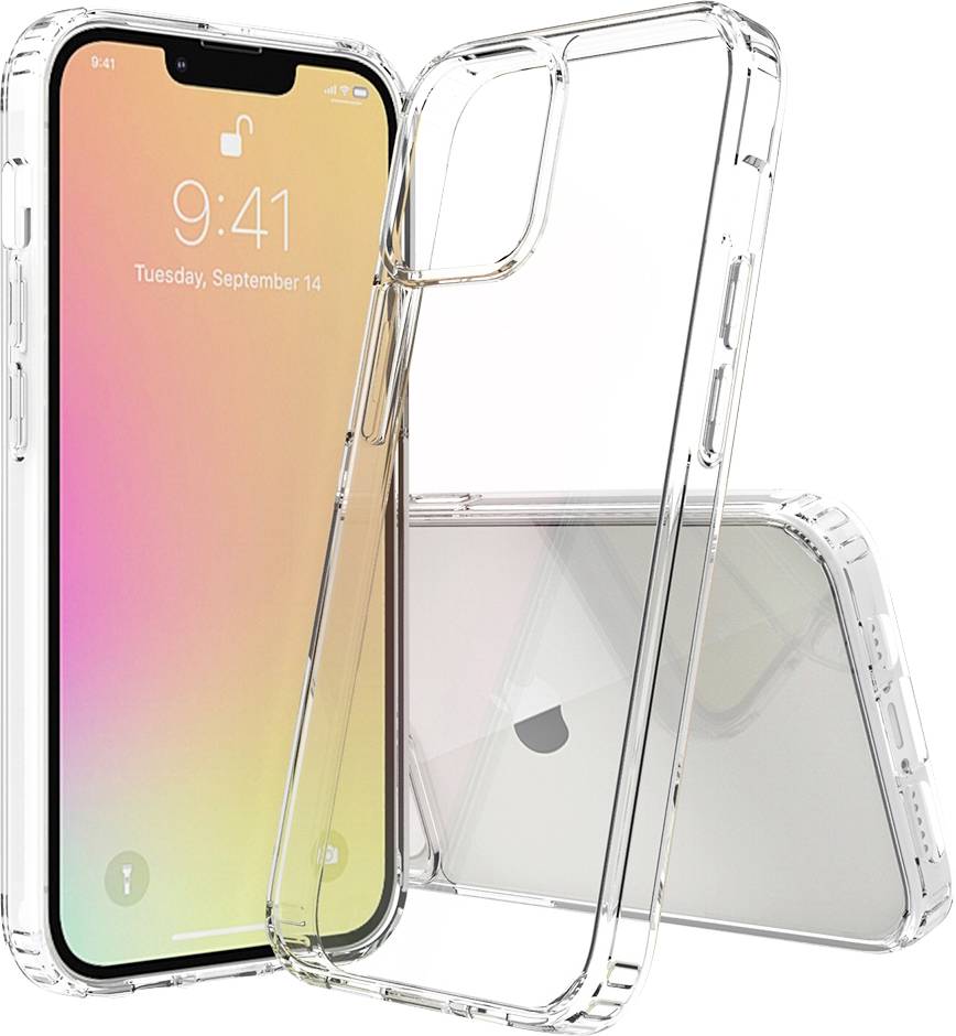 Durchsichtiges Smartphone-Case, kompatibel mit einem aktuellen Smartphone-Modell, zeigt Rückseite und Displaydatum 'Dienstag, 14. September'.