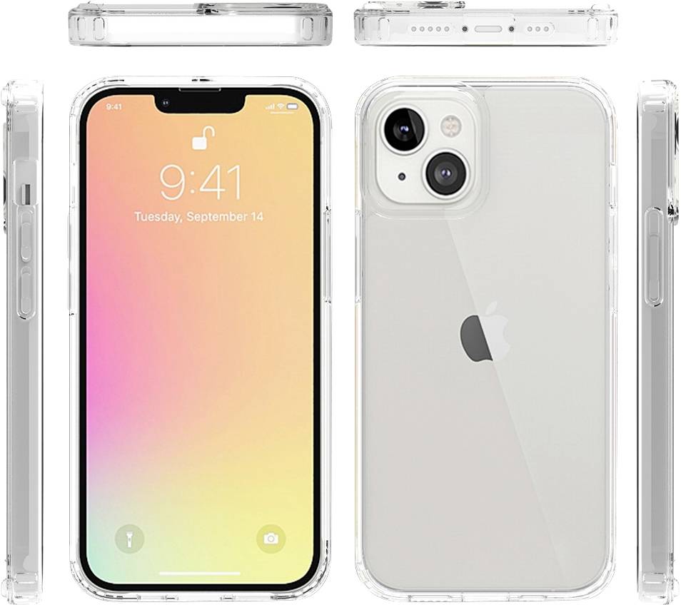 Verschiedene Ansichten eines Smartphones mit klarer Schutzhülle, zeigen Vorderseite, Rückseite und Kanten. Vorderbildschirm zeigt Uhrzeit und Datum.