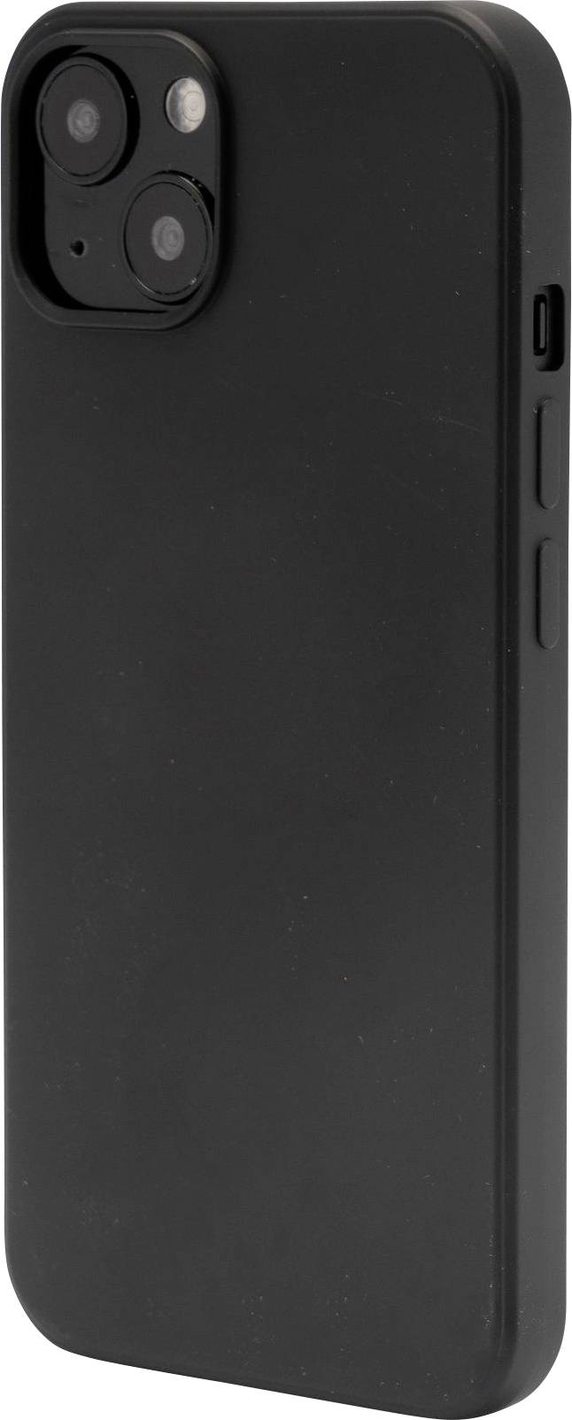 Ein schwarzes Smartphone in einer schwarzen Schutzhülle, vertikal stehend, zeigt die Rückseite mit zwei Kameras und einem Blitz.