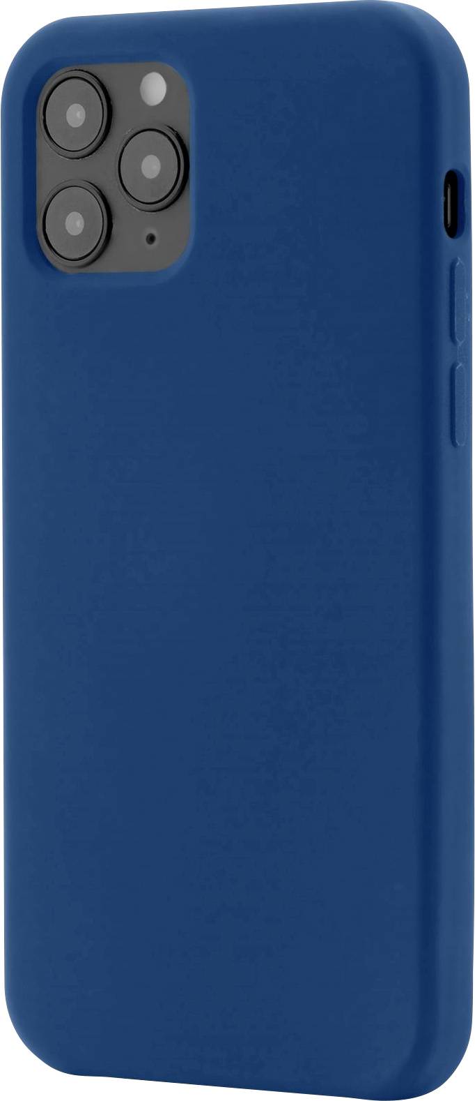 Ein blaues Smartphone in einer blauen Hülle von hinten, mit drei Kameralinsen und einer schwarzen Taste an der Seite sichtbar.