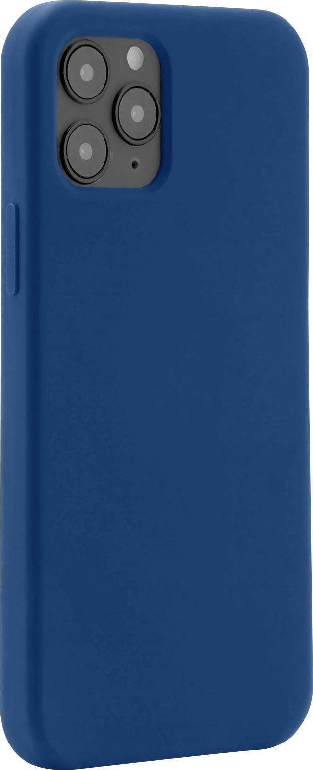 Ein Smartphone mit blauem Gehäuse, Rückansicht. Kamera mit drei Linsen in der oberen linken Ecke.