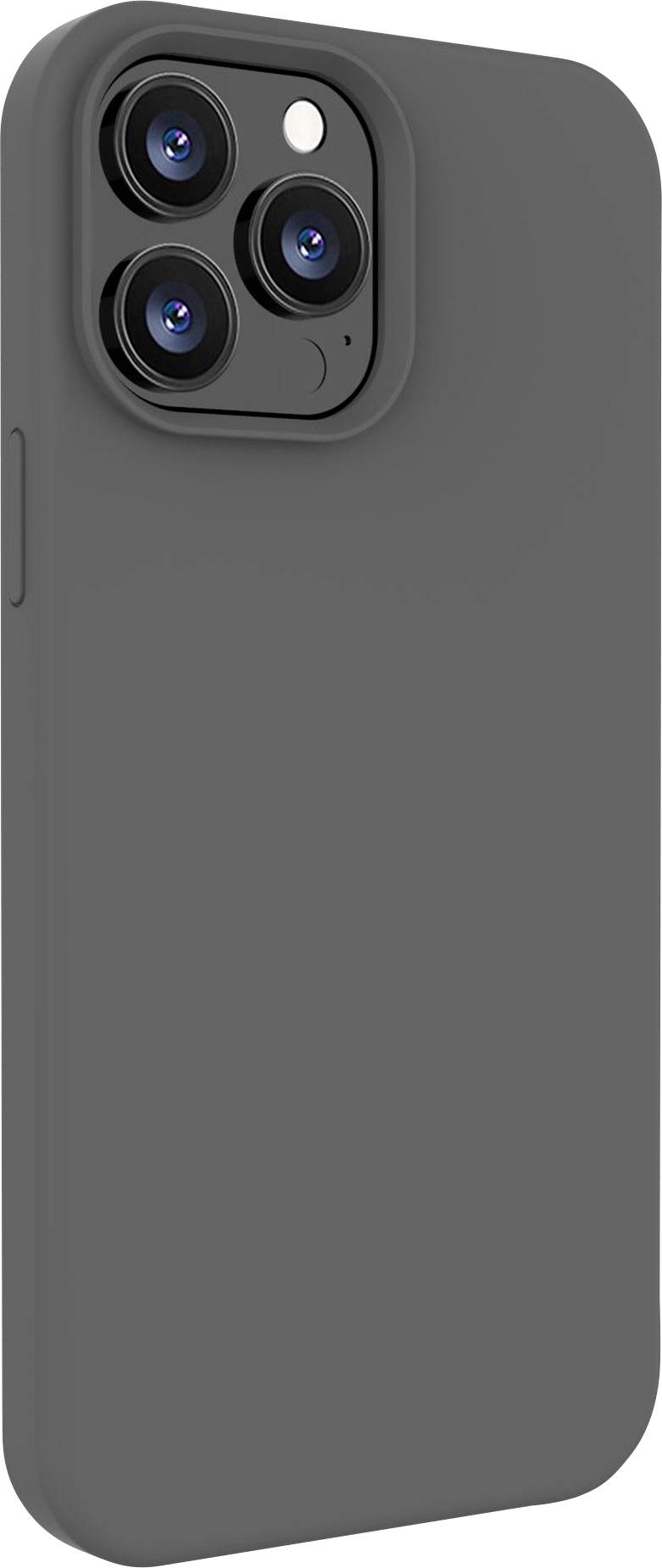 Smartphone mit drei Kameralinsen und grauer Hülle, obere Rückseite sichtbar.
