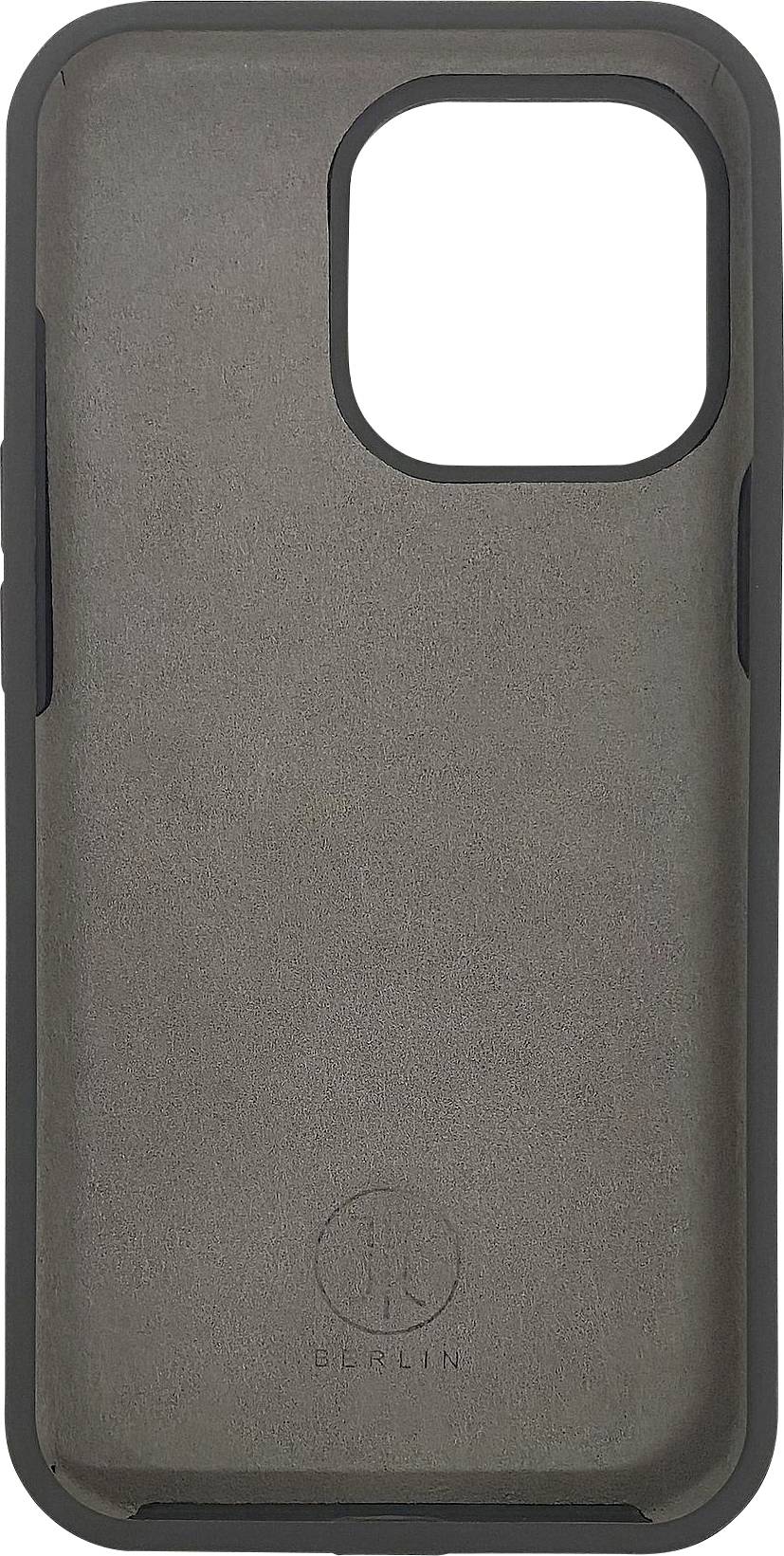 'Graues, robustes Handyhülle mit rutschfester Oberfläche, geeignet für iPhone-Modelle. Logo 'BERLIN' auf der Rückseite eingraviert.'