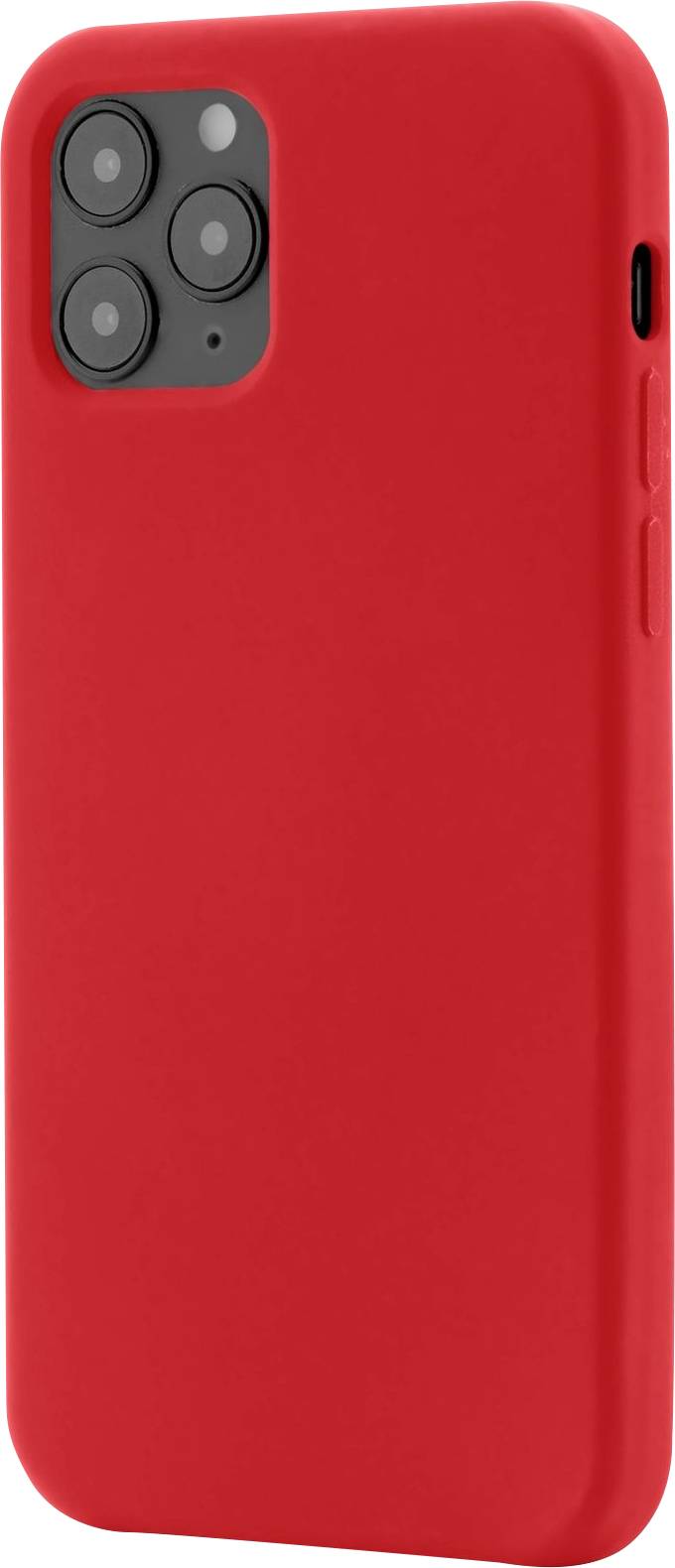 Rotes Smartphone mit drei Kameralinsen und knöpfen an der Seite.