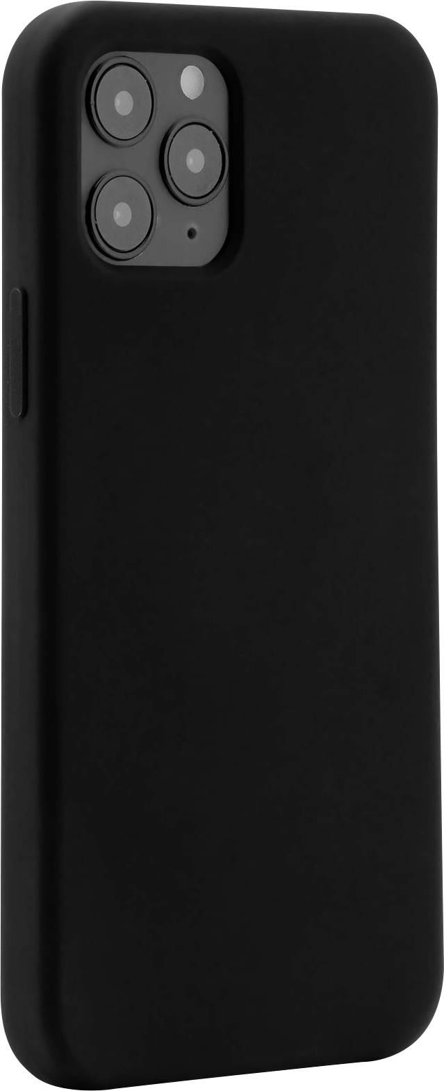 Schwarze Handyhülle aus Silikon mit Aussparungen für Kamera und Tasten, passend für ein Smartphone mit drei Kameralinsen.