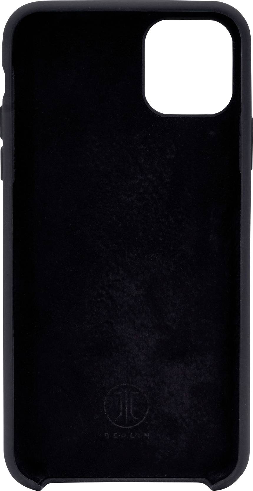 Eine schwarze Smartphone-Schutzhülle mit einem Ausschnitt für die Kamera auf der Rückseite.