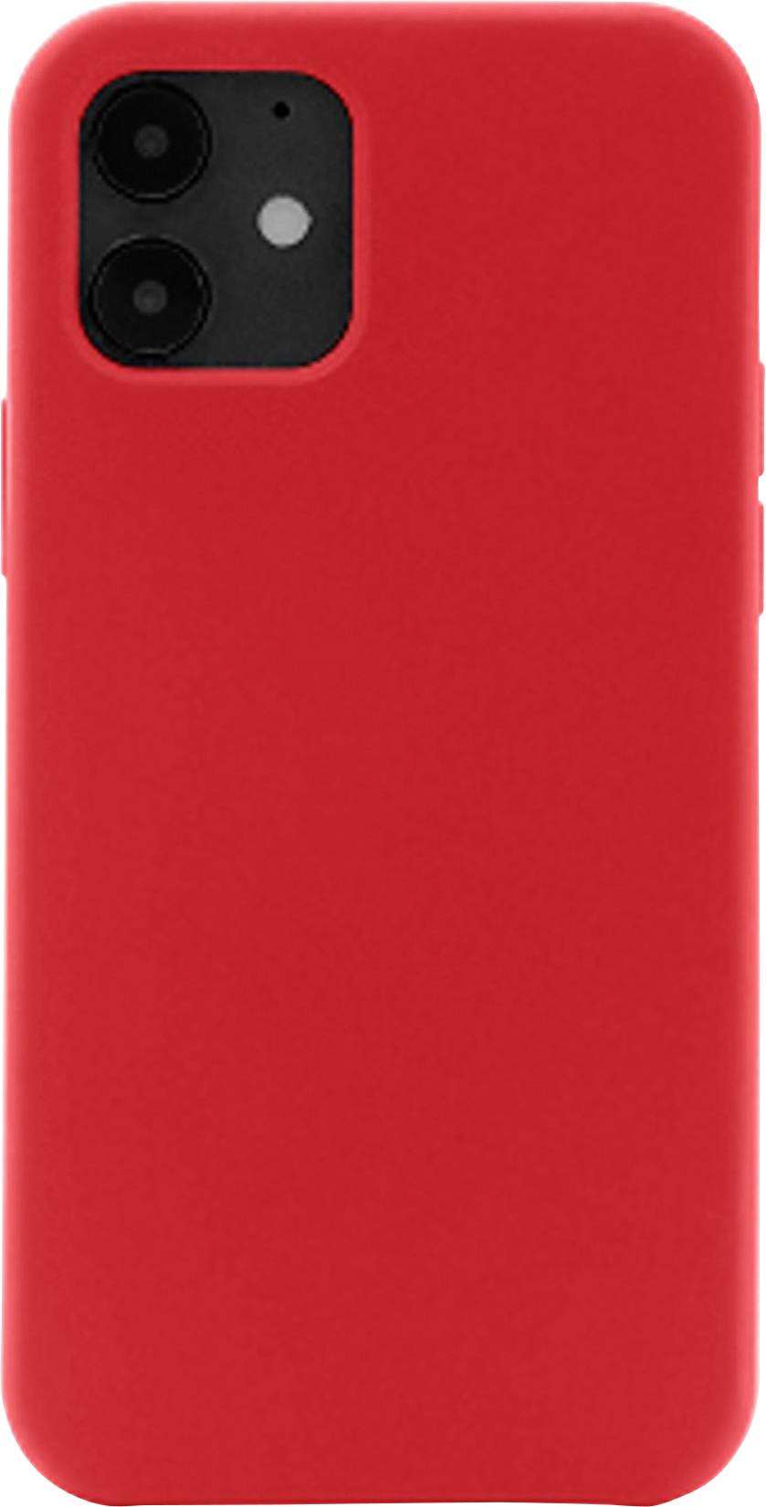 Rotes Smartphone mit zwei Kameralinsen und Blitz auf der Rückseite.