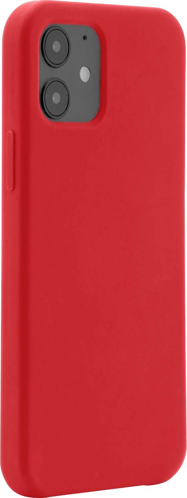 Rotes Handyhülle aufrecht stehend, Kameraobjektiv sichtbar.