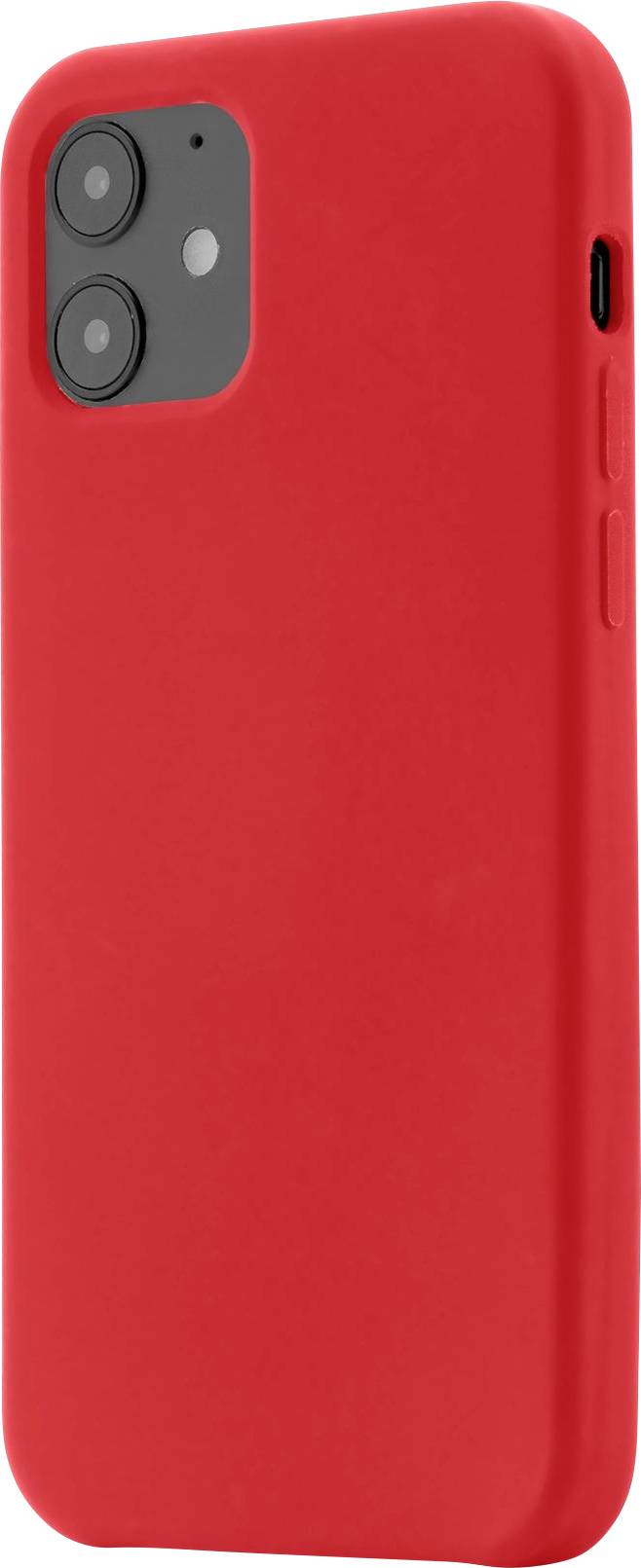 Rotes Smartphone mit zwei Kameralinsen in einer roten Hülle, aufrecht stehend.