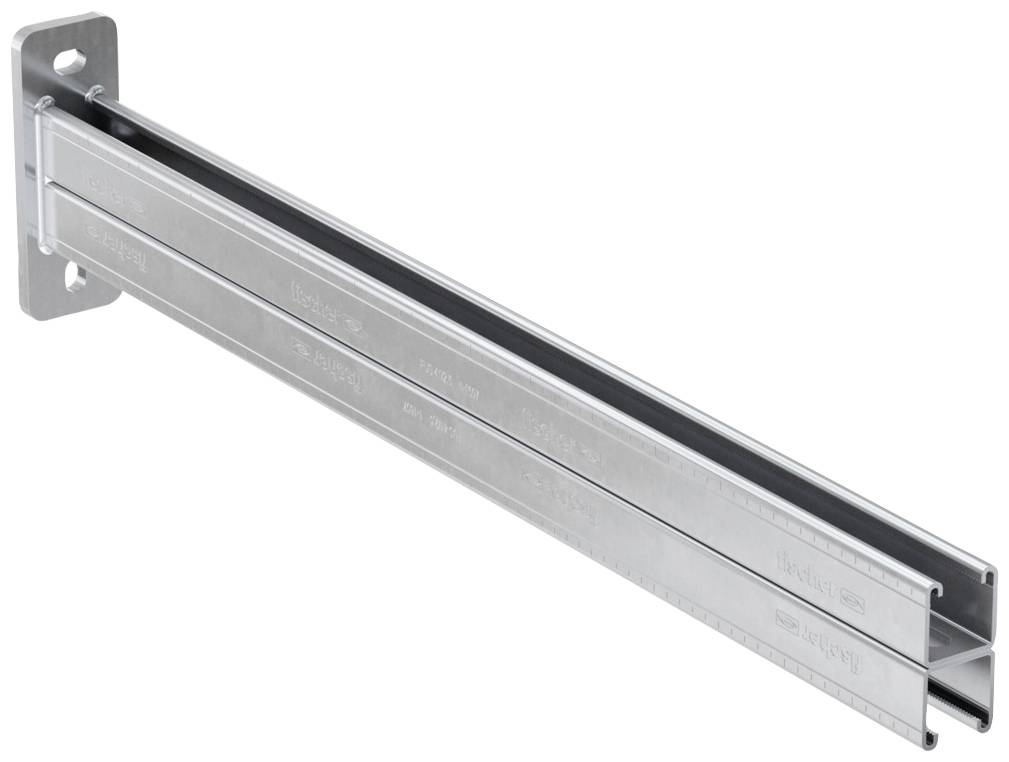 Metallhalterung mit einem horizontalen Schiebemechanismus, montiert auf einer rechteckigen Basis. Verwendet in Regalsystemen.