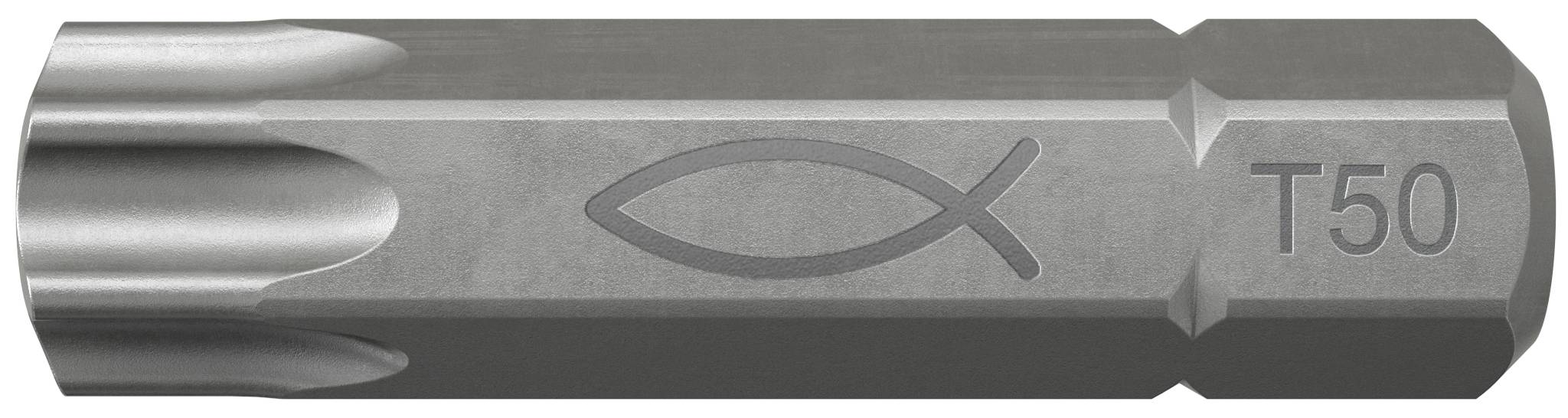 Nahaufnahme eines silbernen Torx-Bits mit der Bezeichnung T50 und einem Fischsymbol auf dem Schaft, horizontal auf weißem Hintergrund dargestellt.