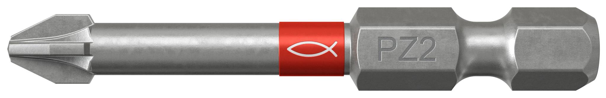 Nahaufnahme eines Metallbohrers mit rotem Ring und Sechskantschaft, beschriftet mit „PZ2