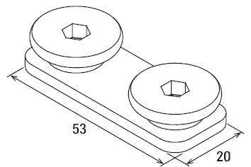 Isometrische Zeichnung einer mechanischen Komponente mit zwei runden Stützflächen auf einer rechteckigen Basis. Maße: 53 x 20 Einheiten.