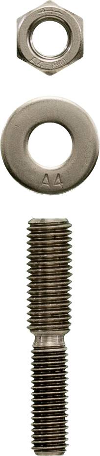 Mutter, Unterlegscheibe und Gewindestange aus Metall, vertikal angeordnet.